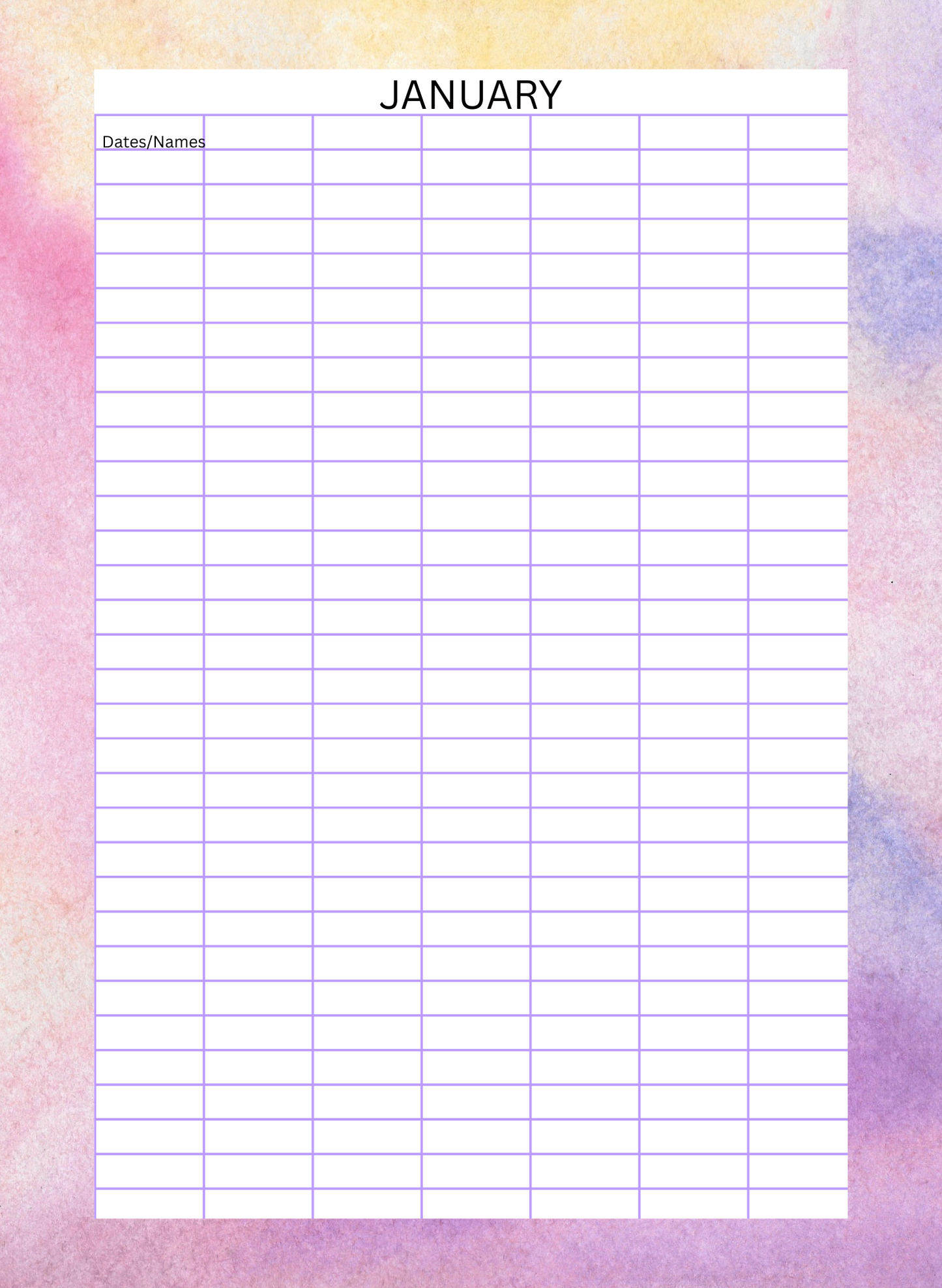 A table of 7 columns and 32 rows with a title of January