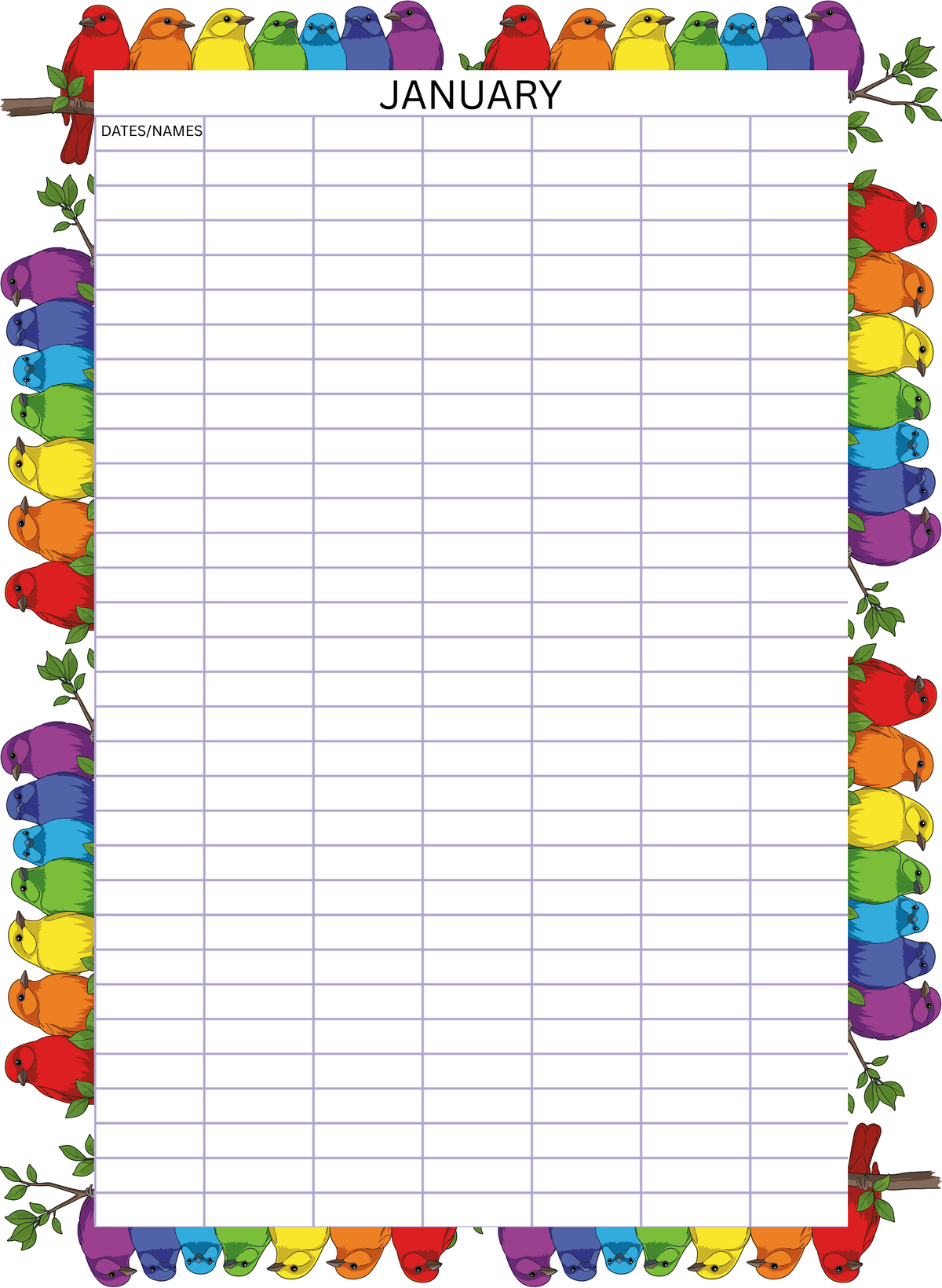 Rainbow Birds Family Planner – A3 Spiral Bound | 12 Undated Months