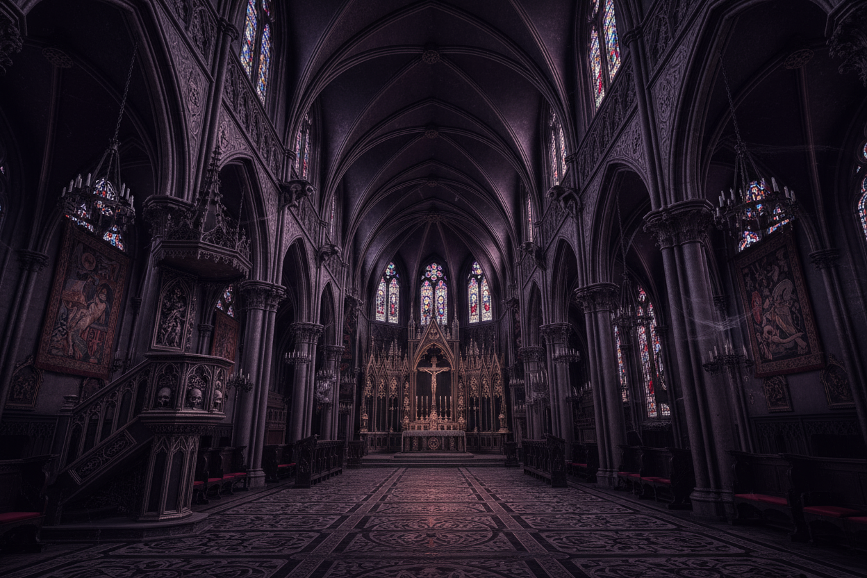 Dark picture of the inside of a gothic church