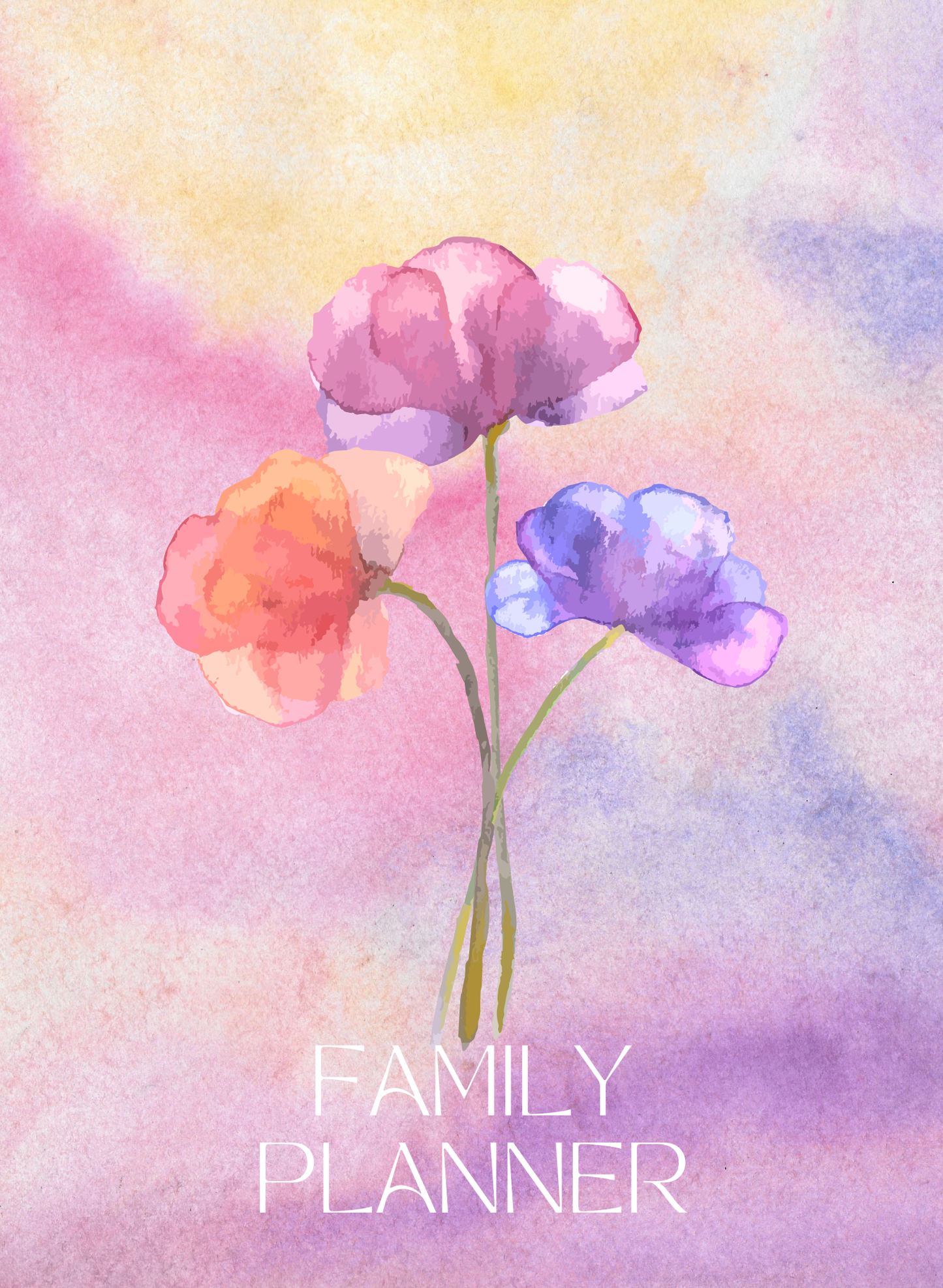Colourful sweet pea flowers with title Family Planner