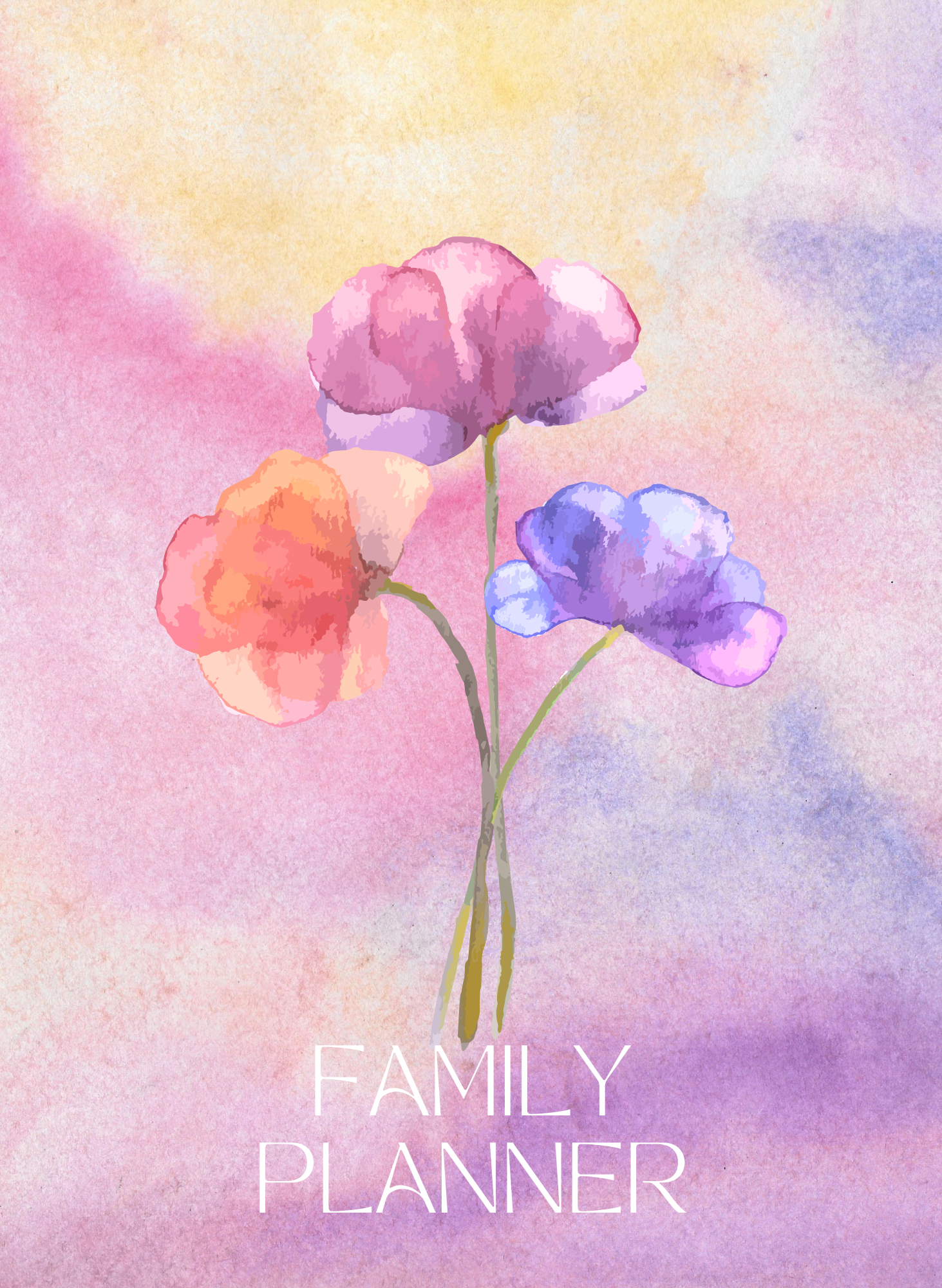 Colourful sweet pea flowers with title Family Planner