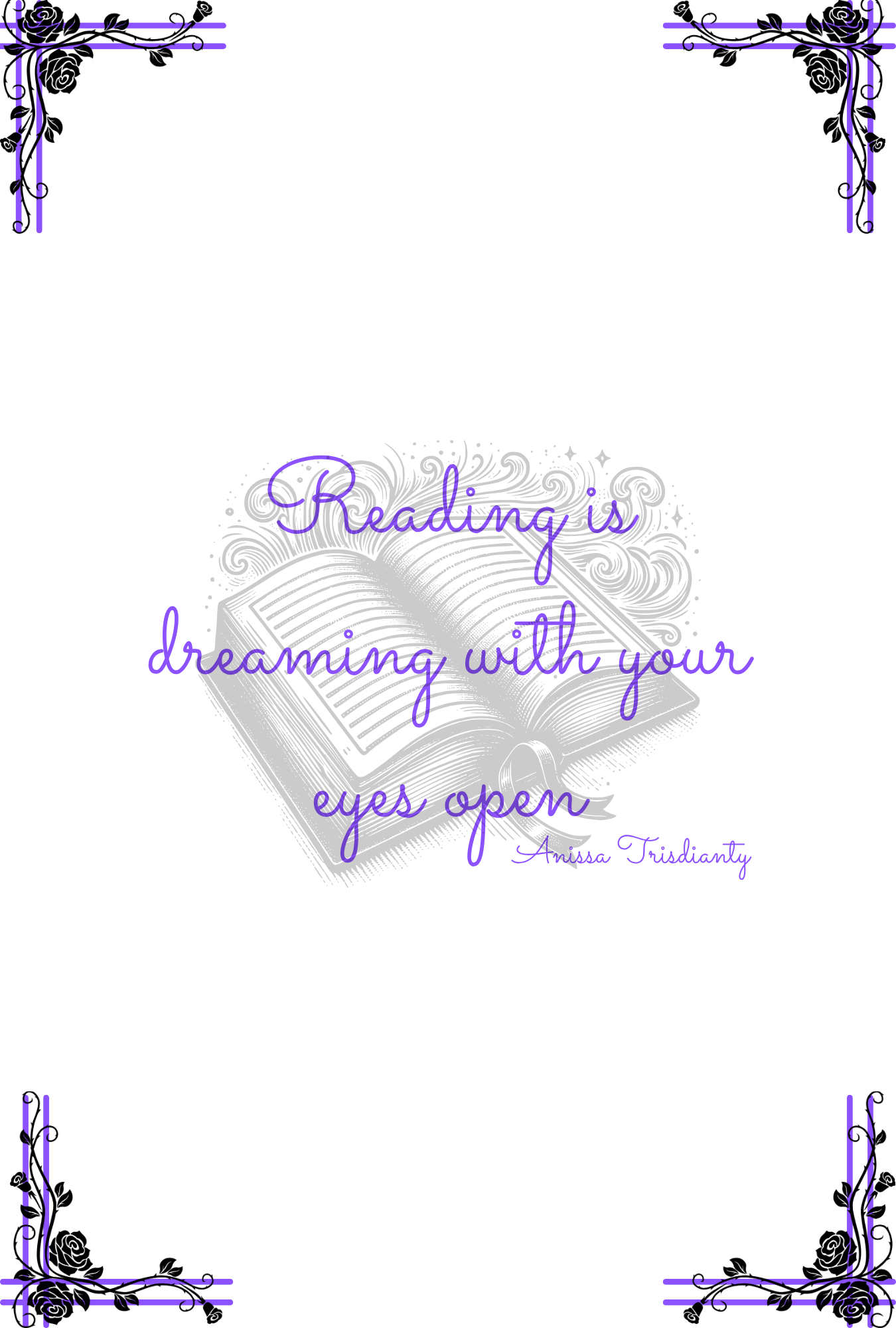 Decorative book with a quote saying 'Reading is dreaming with your eyes open' on a white background.