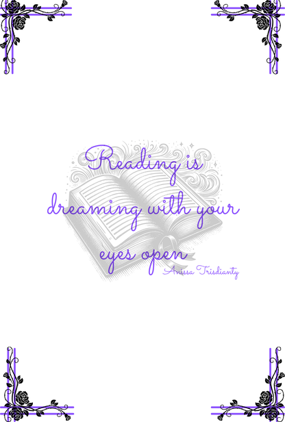 Decorative book with a quote saying 'Reading is dreaming with your eyes open' on a white background.