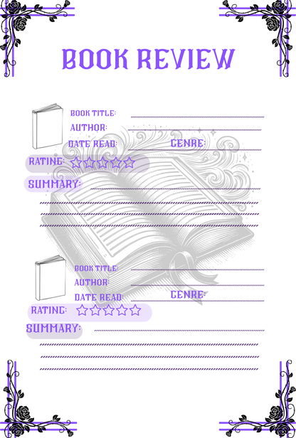 Book review template with decorative elements on a white background