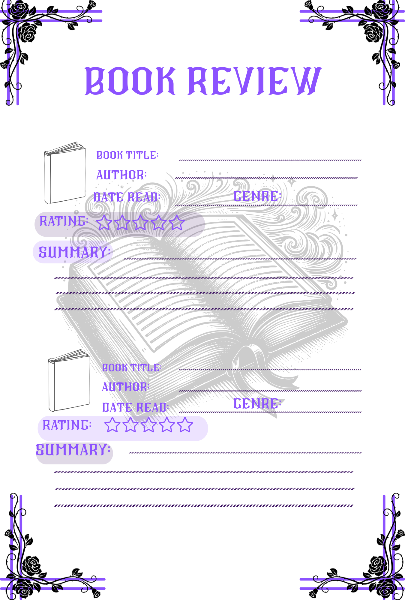 Book review template with decorative elements on a white background