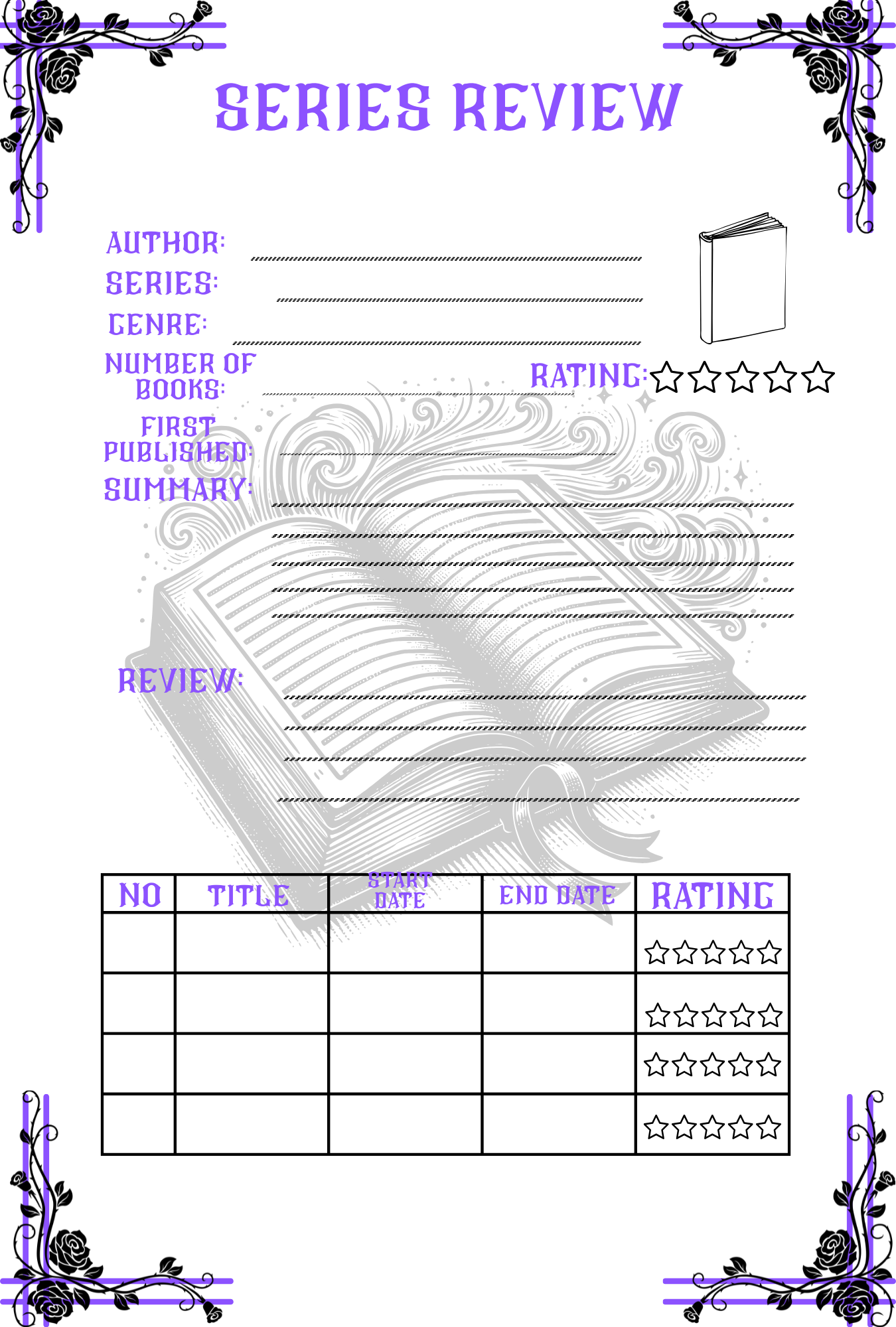 Series review form with decorative elements on a white background.