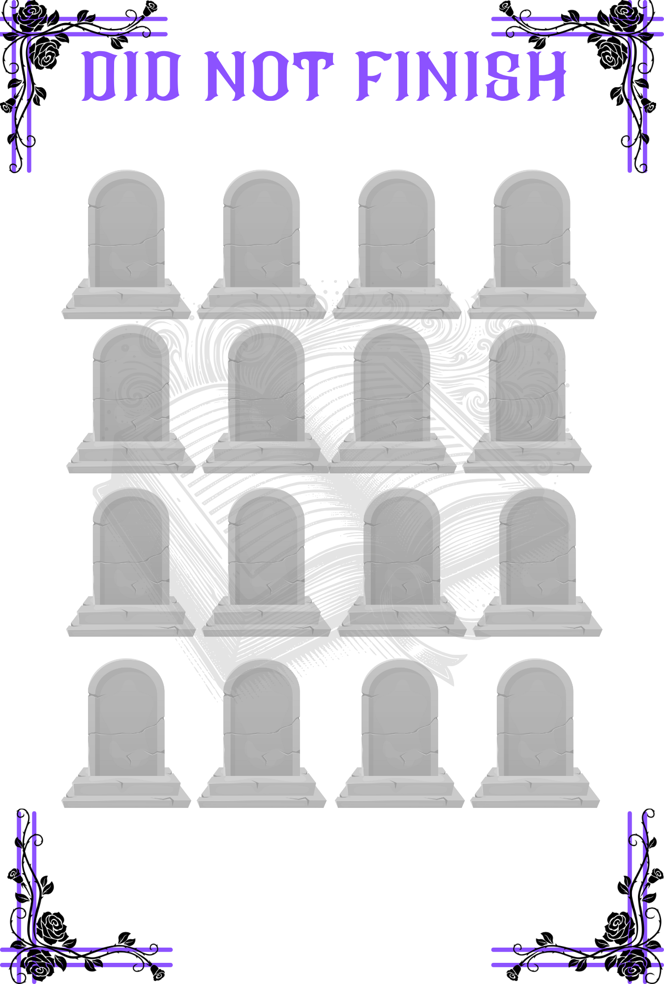 Drawings of tomstones to record books you did not finish on a white background.