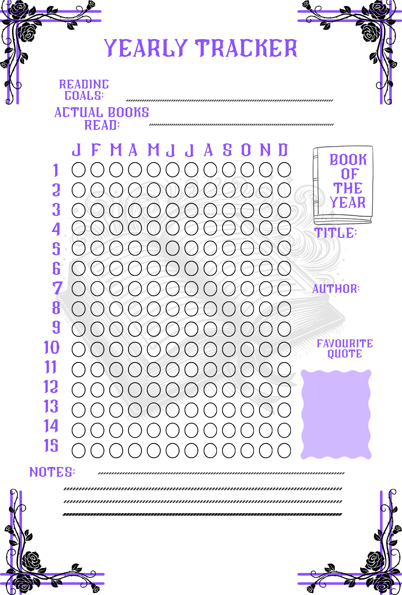 Yearly reading tracker with decorative elements on a white background