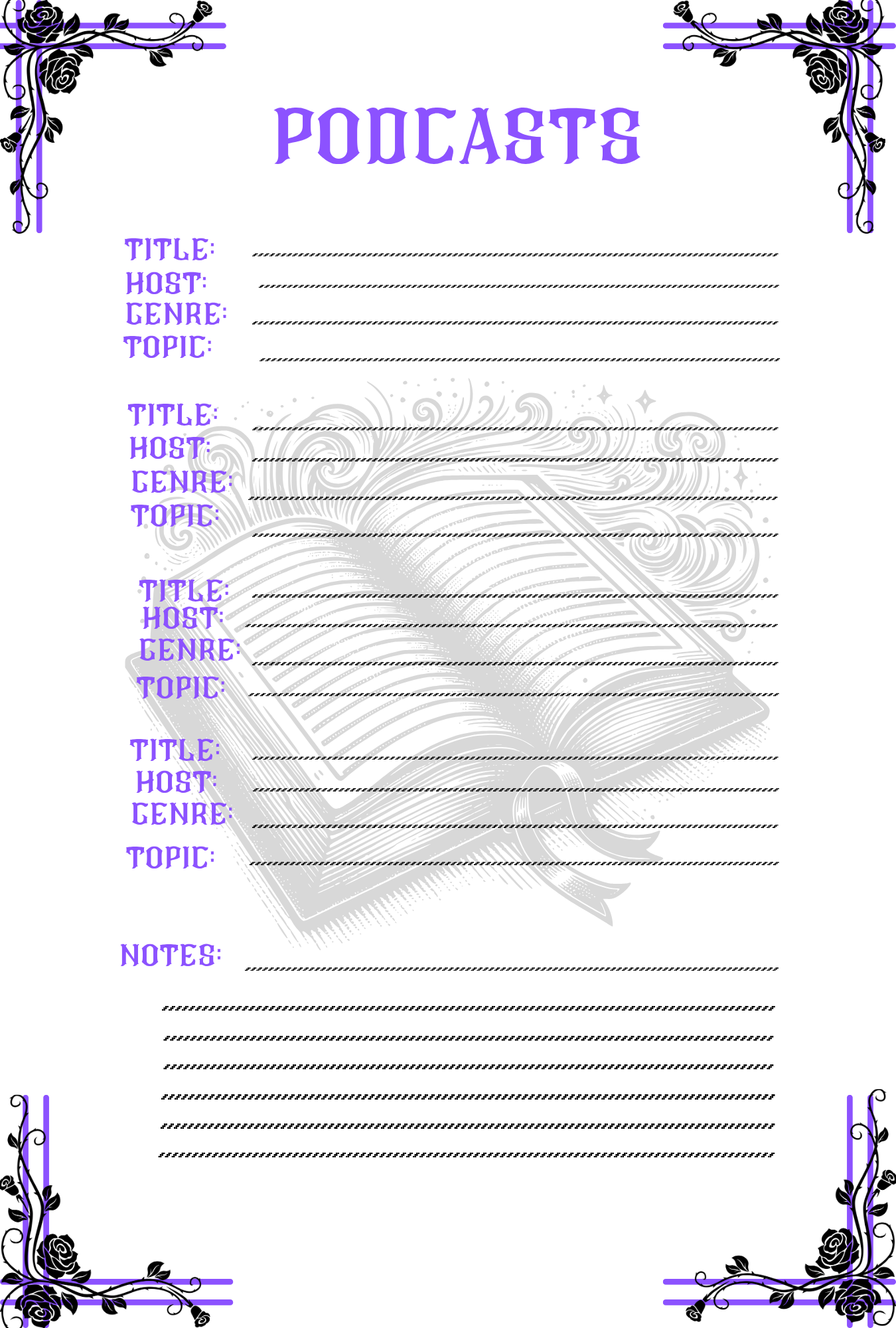 Notepad for recording podcasts with decorative elements on a white background.