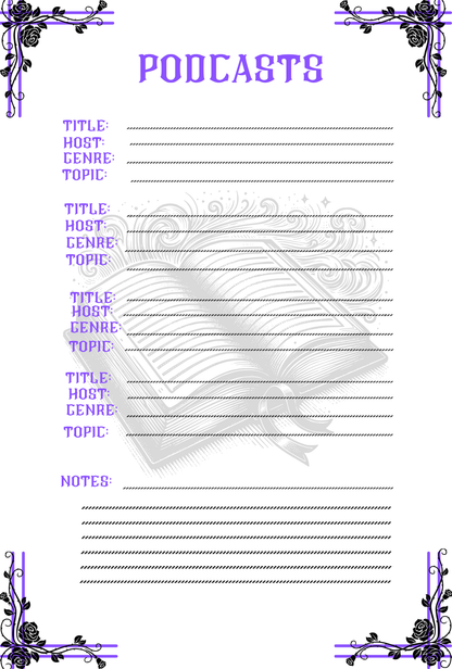 Notepad for recording podcasts with decorative elements on a white background.