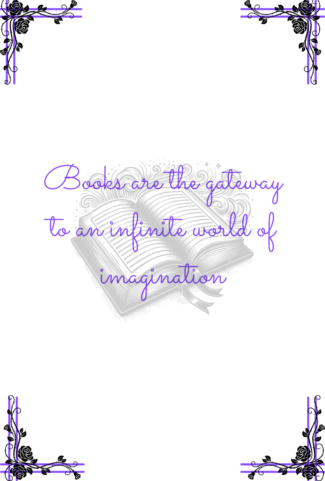Open book with a quote of 'Books are the gateway to an infinite world of imagination' on a white background with decorative elements.