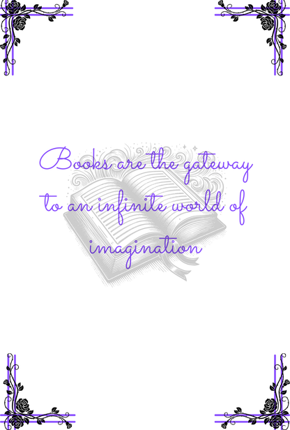 Open book with a quote of 'Books are the gateway to an infinite world of imagination' on a white background with decorative elements.