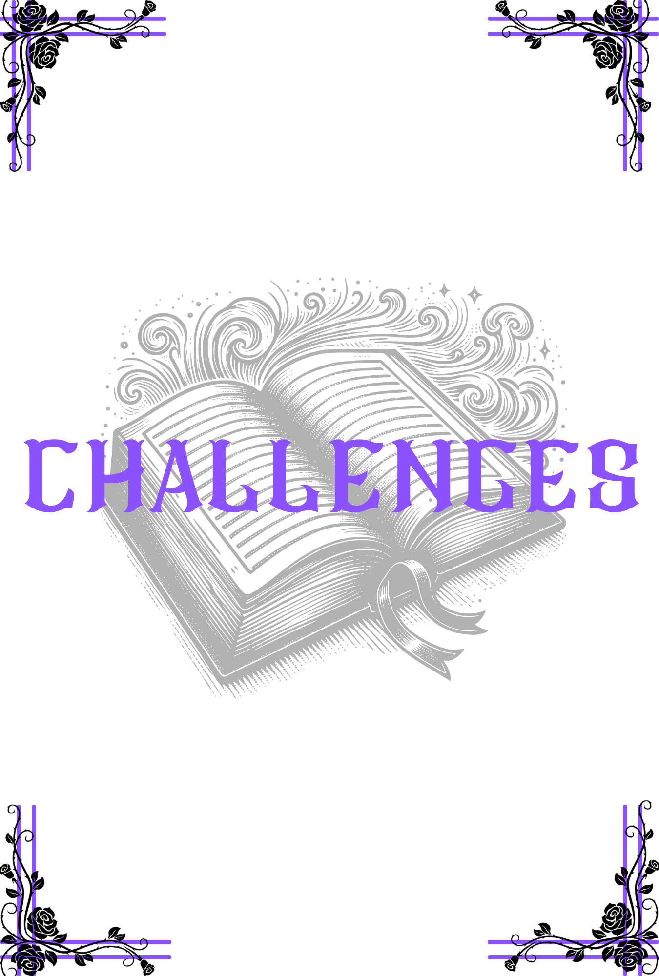 Decorative design with an open book and the word 'Challenges' on a white background.