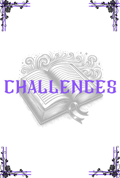 Decorative design with an open book and the word 'Challenges' on a white background.