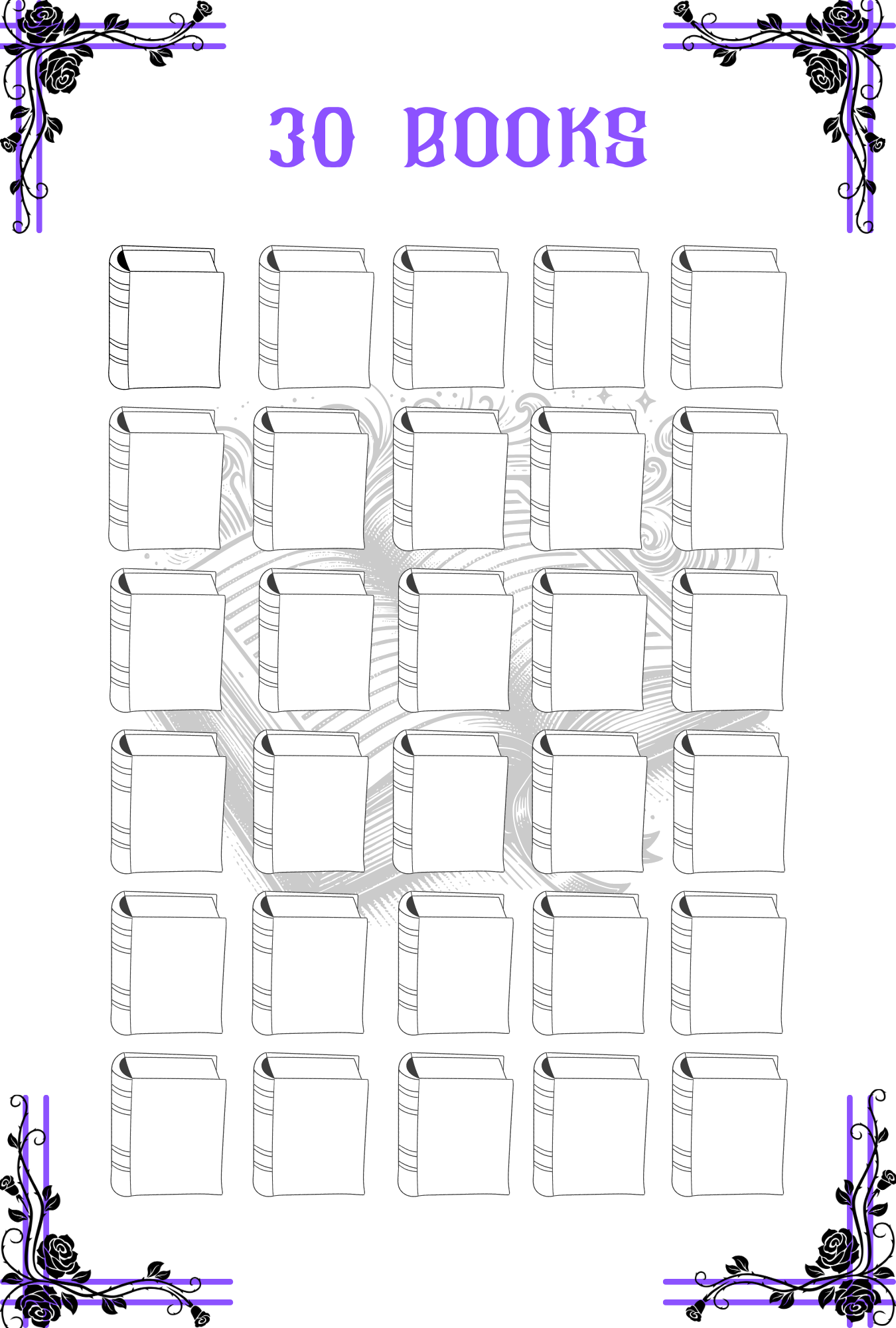 Drawing of 30 books for you to record the titles on a white background.