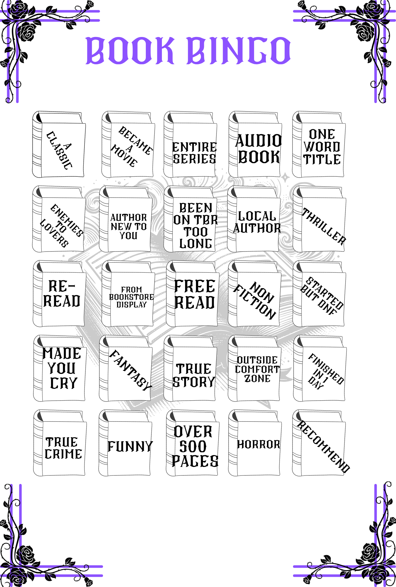 Book bingo card with black text on a white background