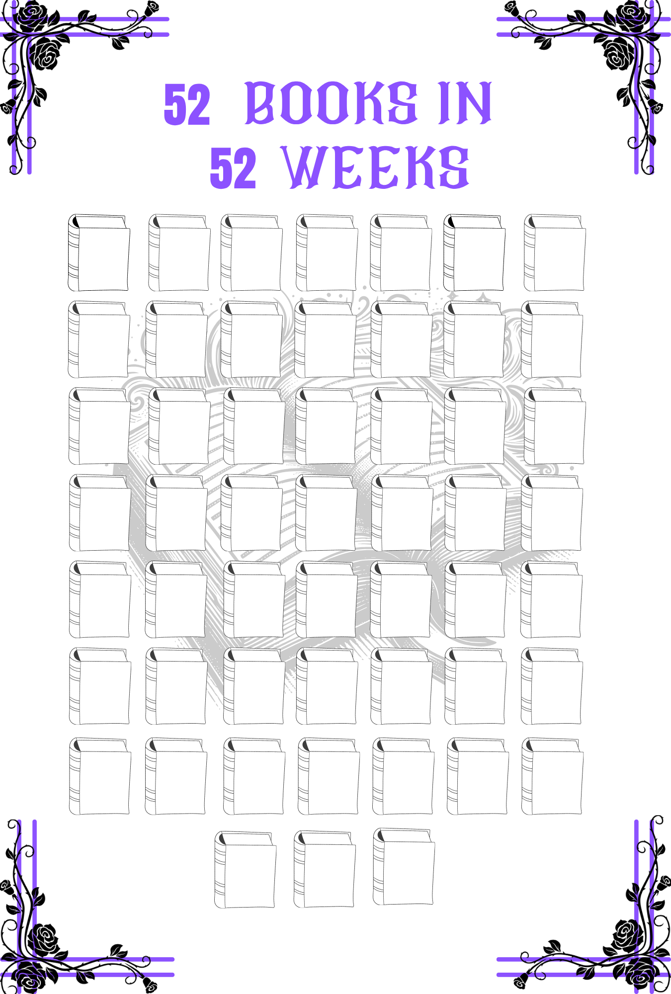 Drawings of books to record 52 Books in 52 Weeks with decorative elements on a white background.