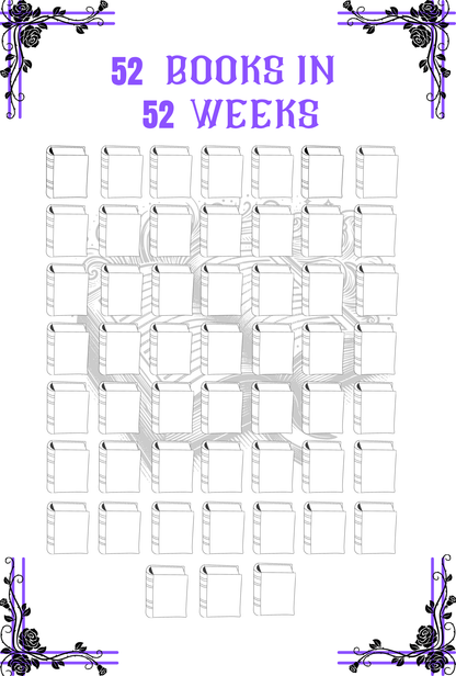 Drawings of books to record 52 Books in 52 Weeks with decorative elements on a white background.