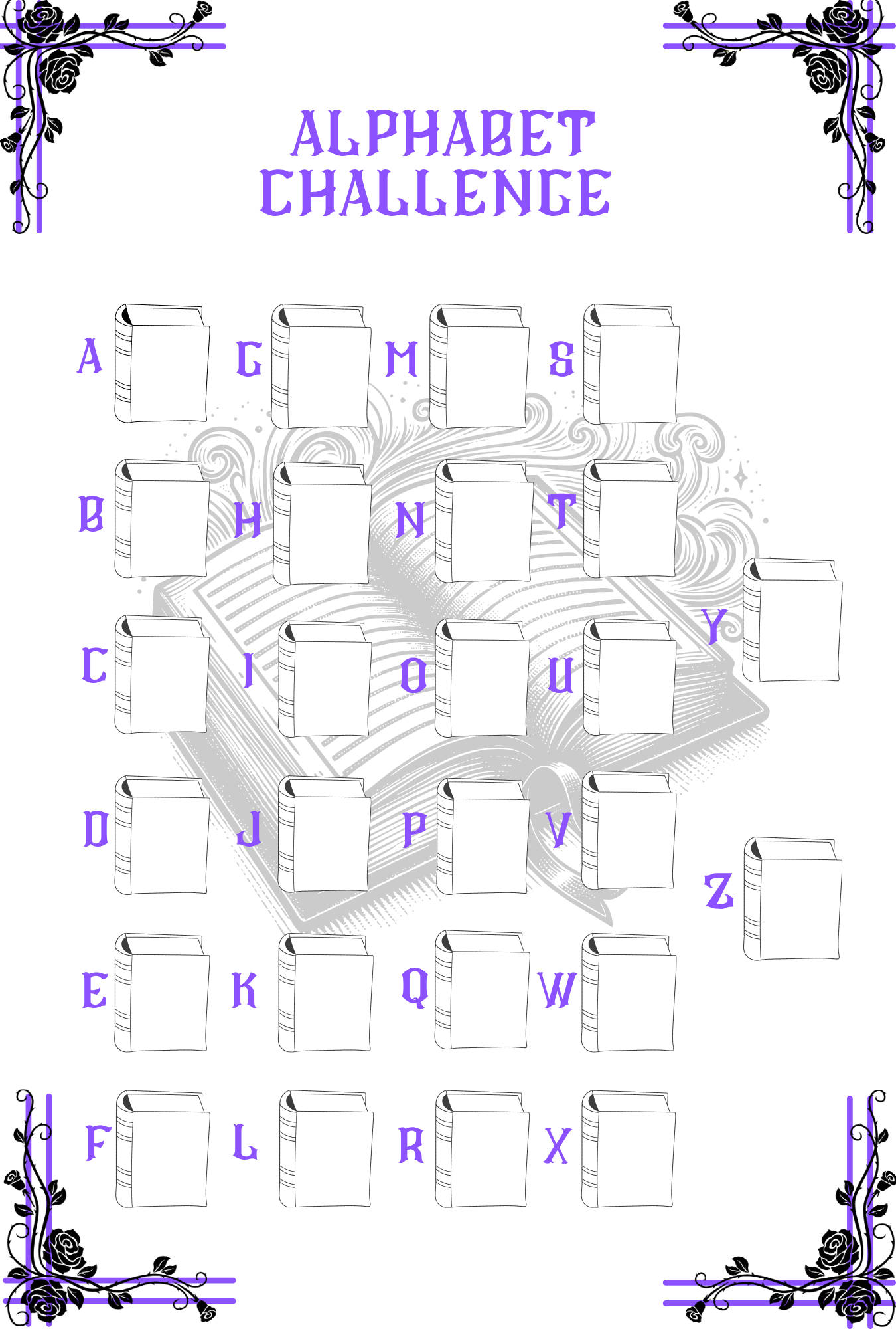 Alphabet challenge with decorative elements on a white background