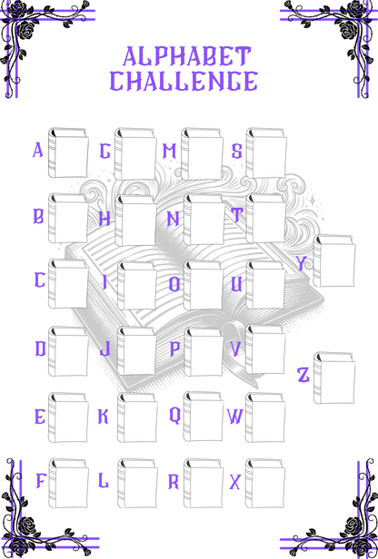 Alphabet challenge with decorative elements on a white background