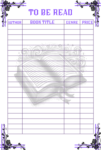 Sheet for tracking books to be read with decorative elements and a book illustration.