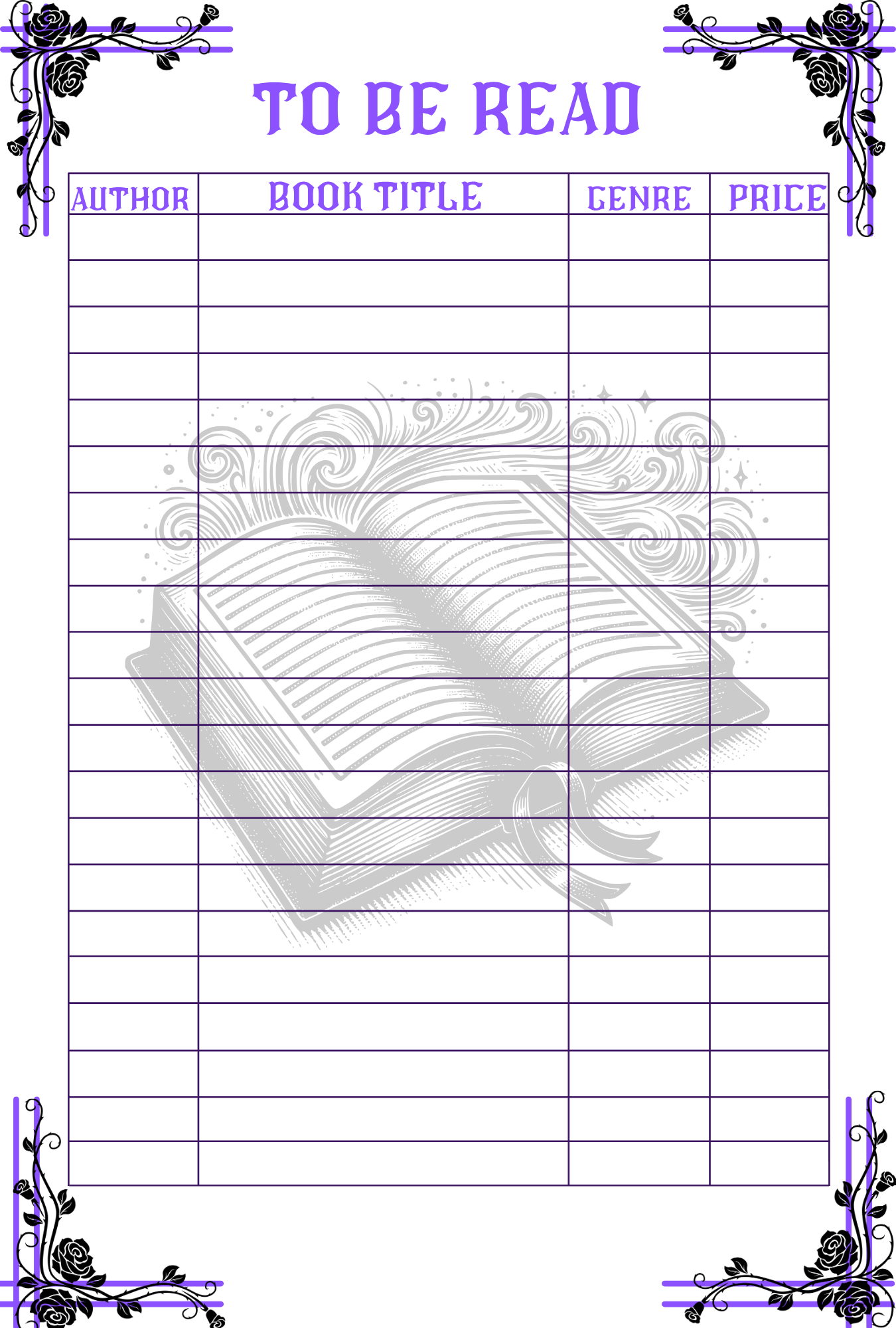 Sheet for tracking books to be read with decorative elements and a book illustration.
