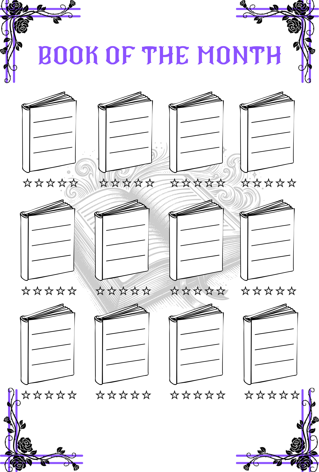 Book of the Month placeholder books with decorative elements and a white background.