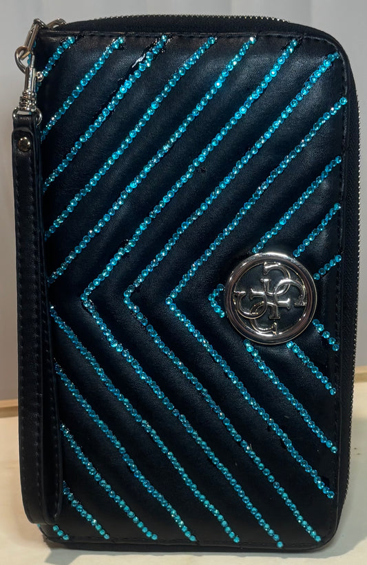 Midnight Teal - Hand Customised Rhinestone and Glitter Wristlet Wallet